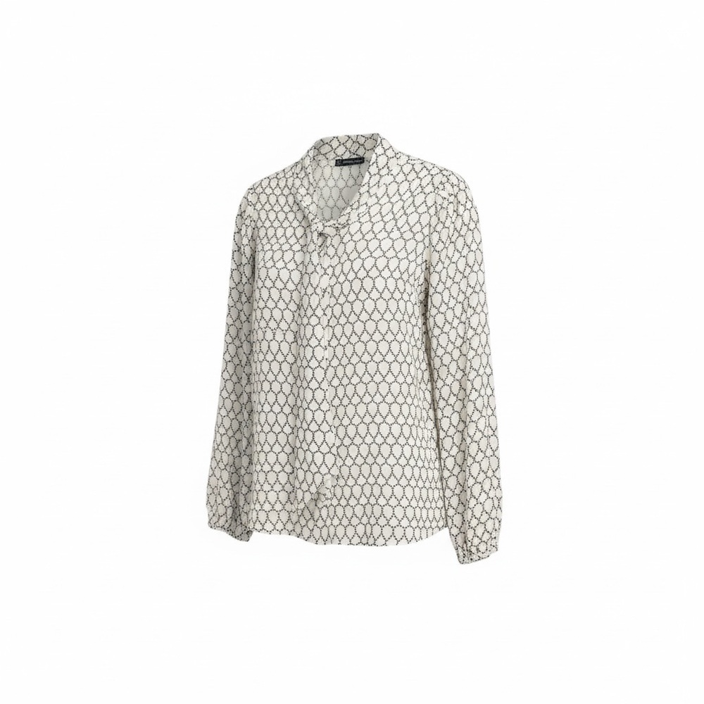 Adrianna Papell White and Black Tie Neck Button Down Shirt